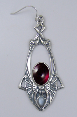 Sterling Silver Dramatic Art Deco Drop Dangle Earrings With Garnet And Grey Moonstone